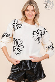 Plus Size Floral Embroidered Lightweigt Knit Sweater Tops