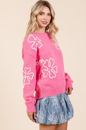 Plus Size Floral Embroidered Lightweigt Knit Sweater Tops