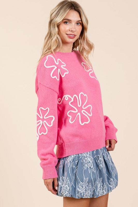 Plus Size Floral Embroidered Lightweigt Knit Sweater Tops