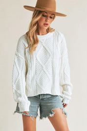 Relaxed Fit Adela Cable Knit Sweater WHITE S Tops