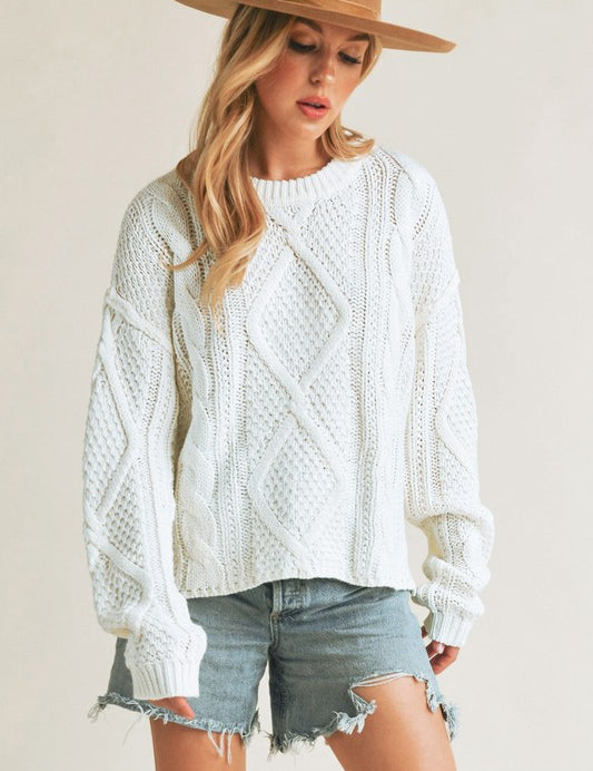 Relaxed Fit Adela Cable Knit Sweater WHITE S Tops