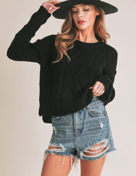 Relaxed Fit Adela Cable Knit Sweater BLACK S Tops