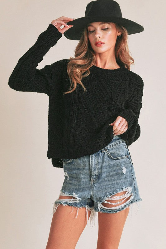 Relaxed Fit Adela Cable Knit Sweater BLACK S Tops