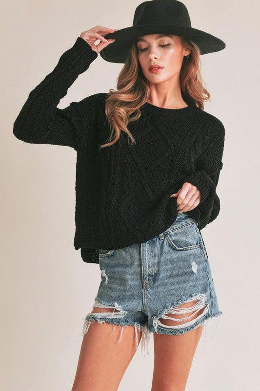 Relaxed Fit Adela Cable Knit Sweater BLACK S Sweaters
