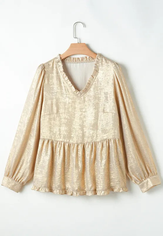 Frill Peplum V-Neck Long Sleeve Blouse | Blouses Daverri Fashions