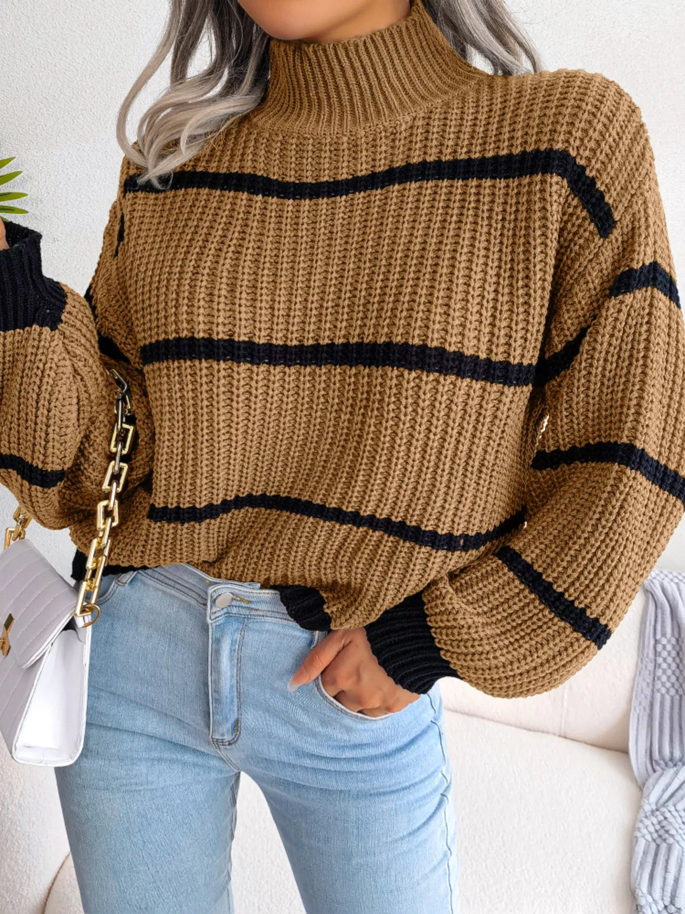 Cozy camel knit sweater with black stripes, full size mock neck plus