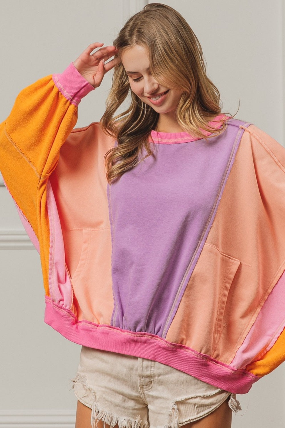 Color Block Exposed Seam Sweatshirt Tops