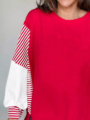 Red and white striped patchwork sleeve colorblock sweatshirt