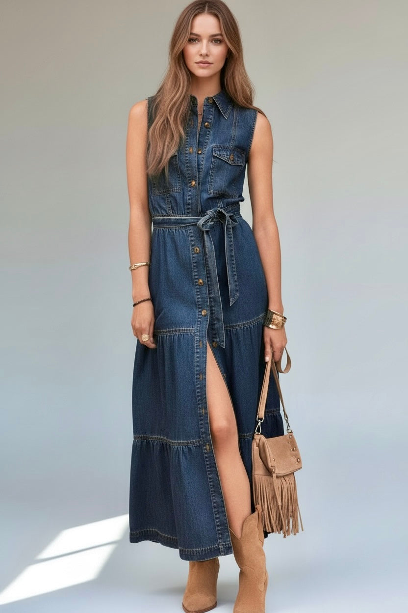 Daverri Button Front Sleeveless Denim Dress