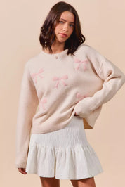 SO ME Embroidered Ribbon Round Neck Sweater | Sweaters Daverri Fashions