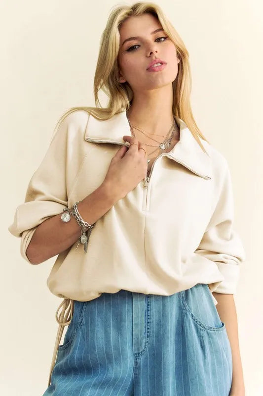 Davi & Dani Drawstring Hem Half Zip Raglan Sleeve Sweatshirt Sweatshirts