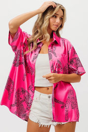 BiBi Leopard Print Short Sleeve Silky Satin Shirt Top | Tops Daverri Fashions