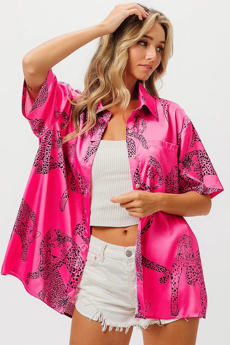 BiBi Leopard Print Short Sleeve Silky Satin Shirt Top Shirts