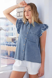 DENIM Mittoshop Washed Denim Ruffle Short Sleeve Collared Shirt | Shirts Daverri Fashions