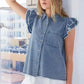 Mittoshop Washed Denim Ruffle Short Sleeve Collared Shirt - DAVERRI FASHIONS