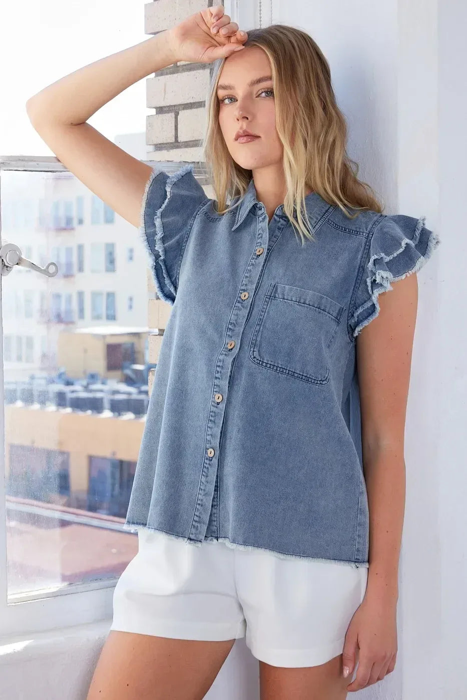 Mittoshop Washed Denim Ruffle Short Sleeve Collared Shirt - DAVERRI FASHIONS
