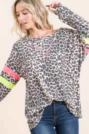 BiBi Leopard Thermal Top with Contrast Color Block | Tops Daverri Fashions