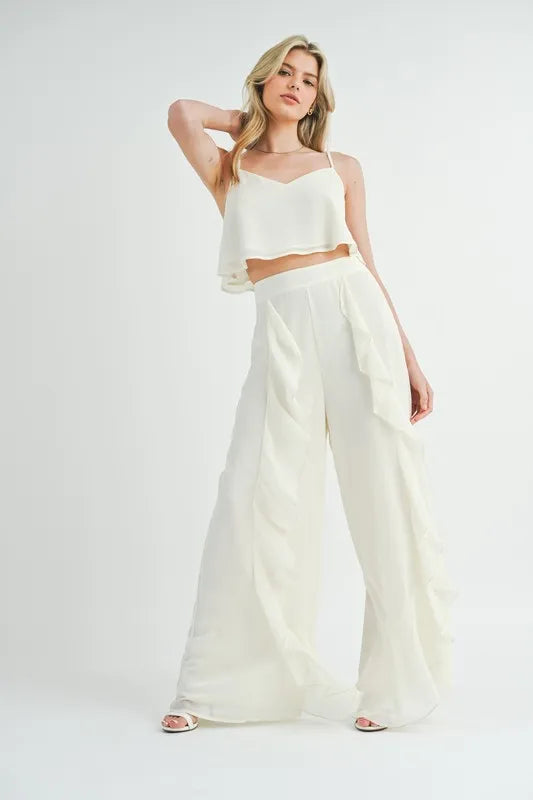 MABLE Crop Cami and Ruffled Wide Leg Pants Set Outfit Sets