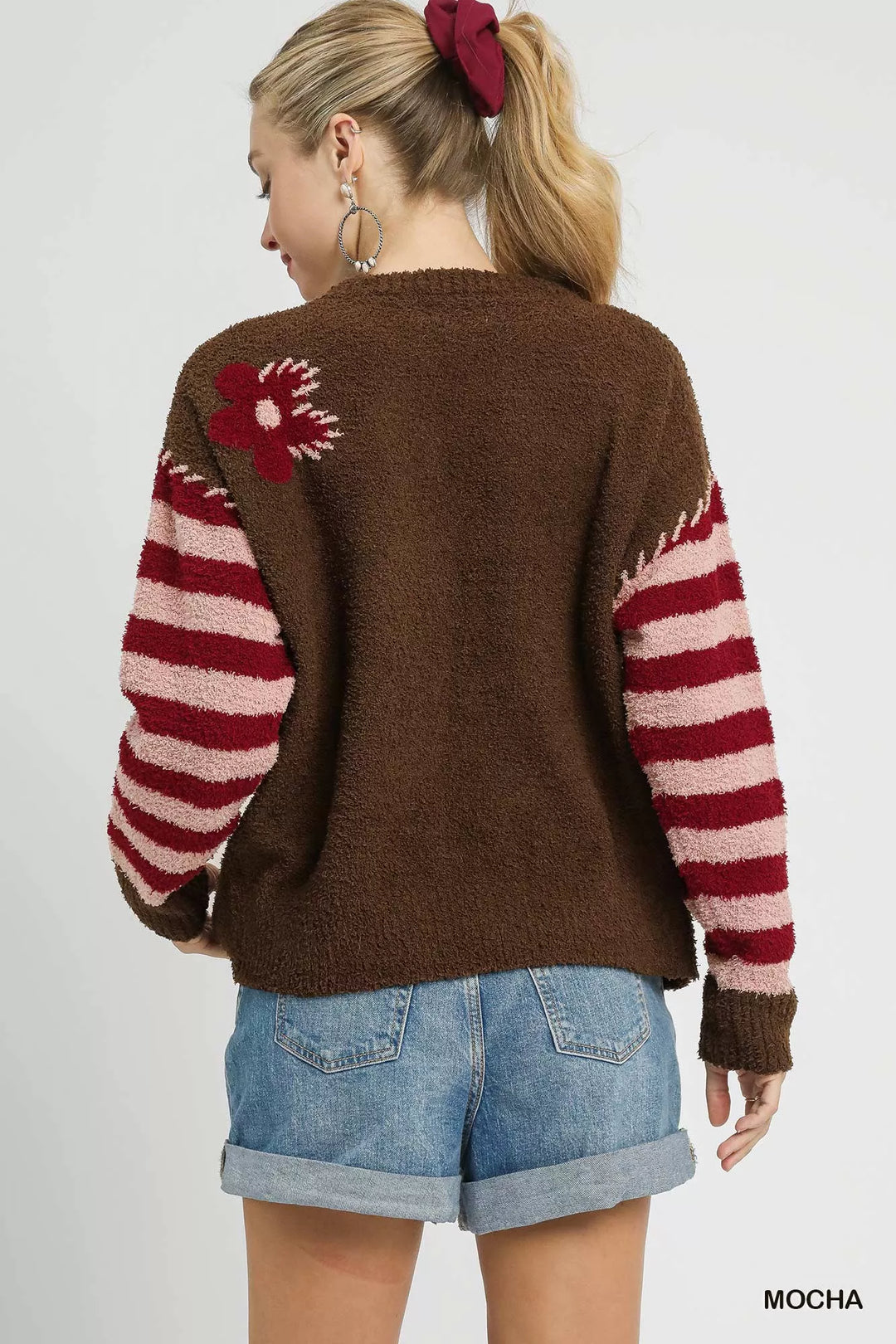 Umgee Flower Jacquard Striped Long Sleeve Sweater | Sweaters Daverri Fashions