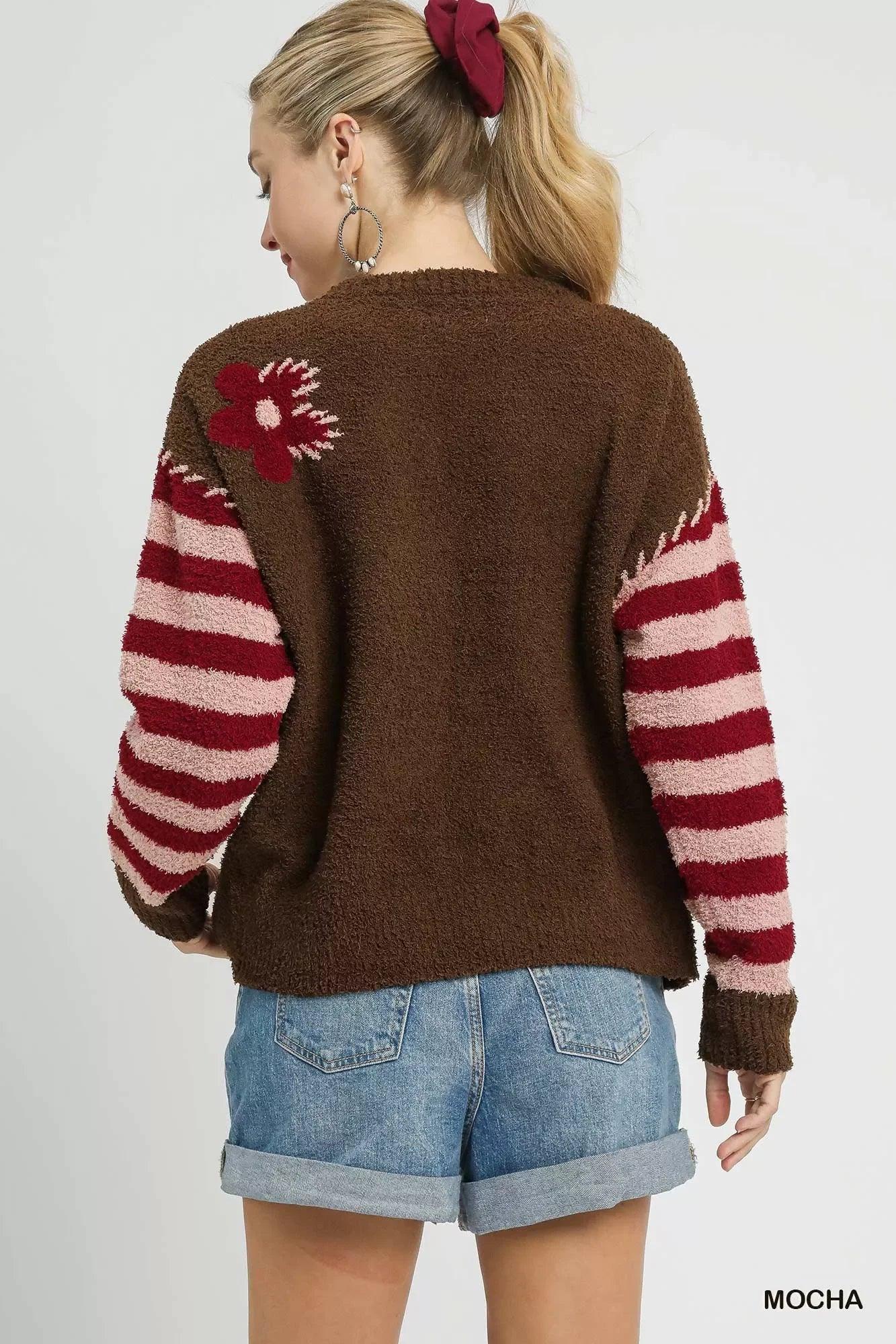Umgee Flower Jacquard Striped Long Sleeve Sweater - DAVERRI FASHIONS