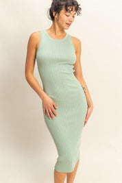 Gum Leaf L HYFVE Ribbed Round Neck Sleeveless Knit Midi Dress | Midi Dresses Daverri Fashions