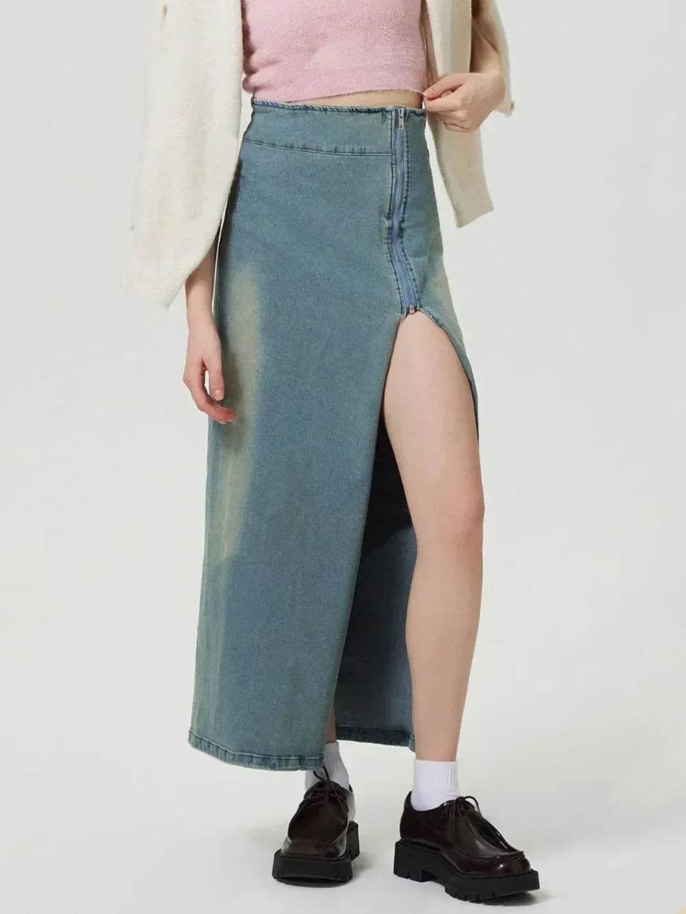 Slit Denim Skirt with Zip - DAVERRI FASHIONS