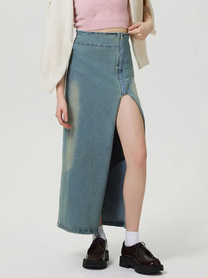 Slit Denim Skirt with Zip | Skirts Daverri Fashions