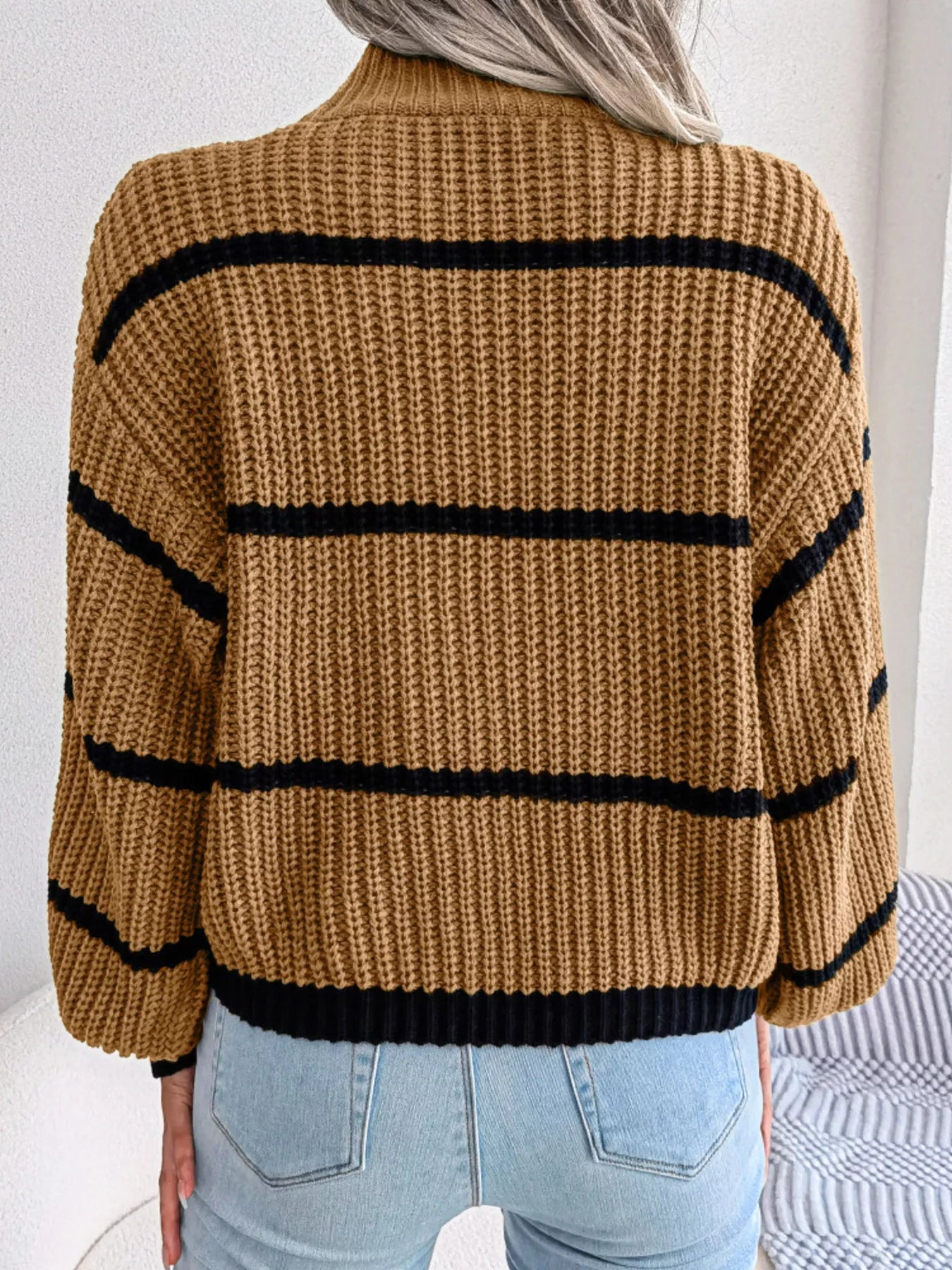Cozy mustard-yellow striped mock neck knit sweater, plus size