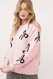 Light Pink Bow Pattern Knitted Loose Fit Sweater | Sweaters Daverri Fashions