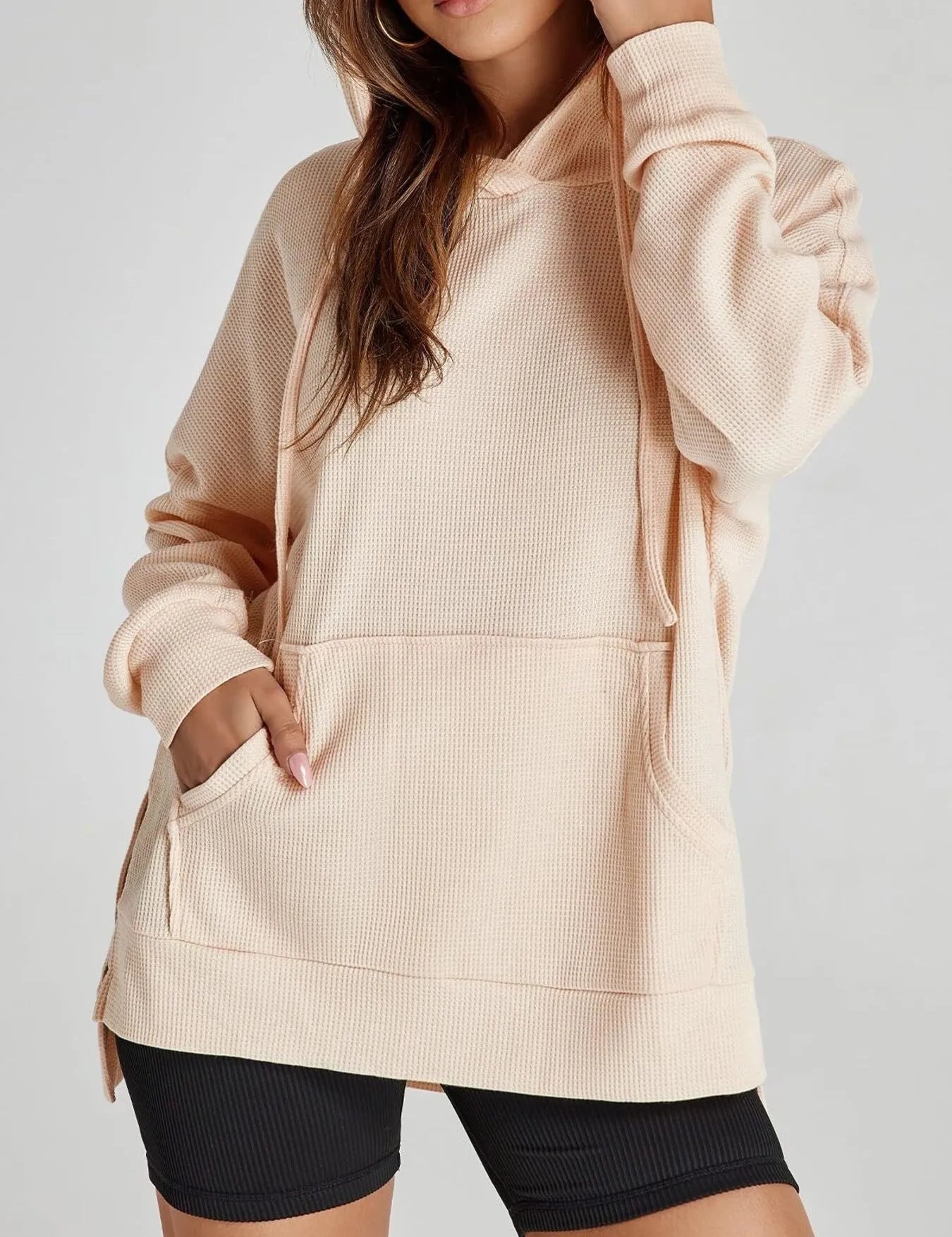 Slit Drawstring Waffle Knit Hoodie | Hoodies Daverri Fashions