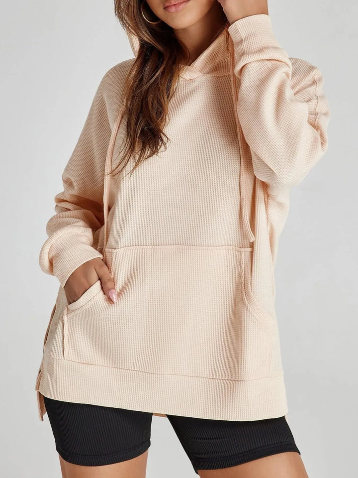 Slit Drawstring Waffle Knit Hoodie | Hoodies Daverri Fashions