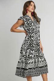 Umgee Two Tone Border Print Ruffle Cap Sleeve Midi Dress | Mid Dresses Daverri Fashions