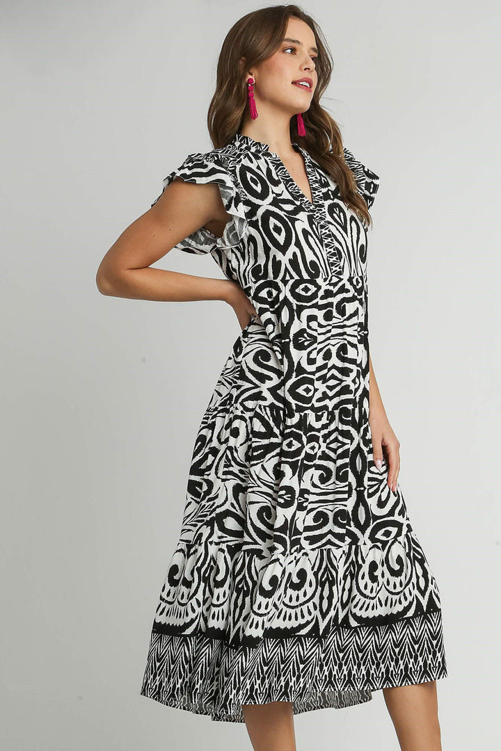 Umgee Two Tone Border Print Ruffle Cap Sleeve Midi Dress Midi Dresses