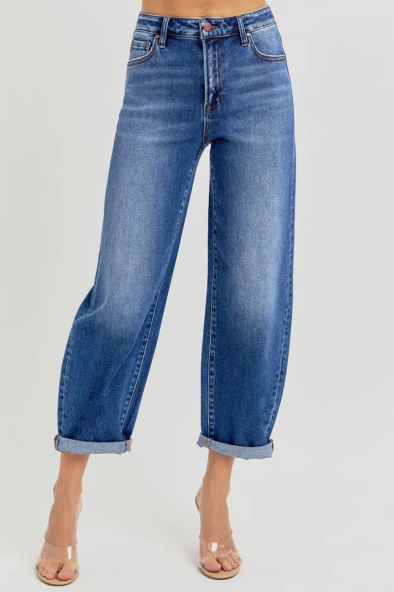 RISEN Full Size High Rise Crop Mild Barrel Jeans Plus Size Jeans