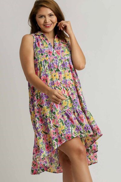 Umgee Full Size High-Low Hem Floral Sleeveless Tiered Dress Plus Size