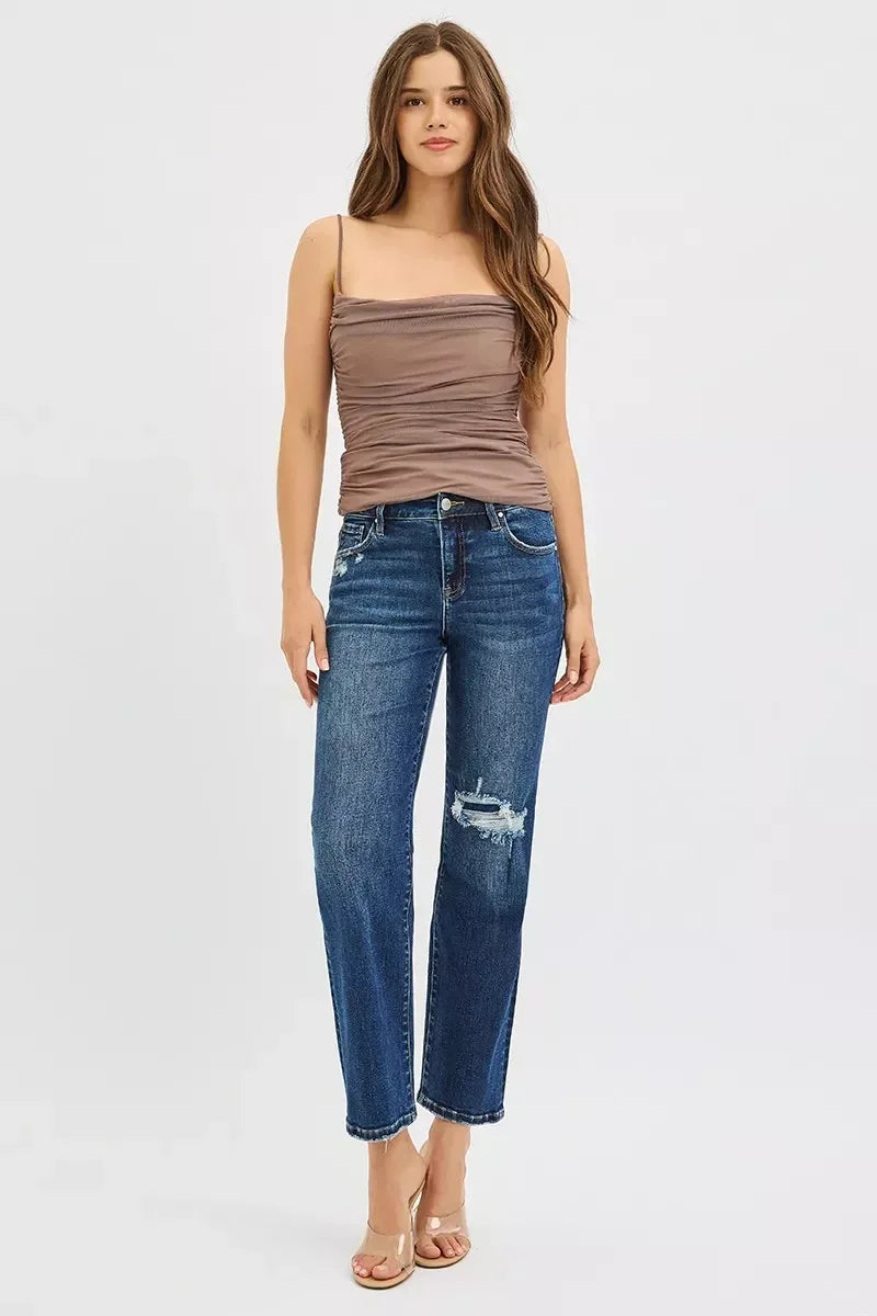 RISEN High Rise Crop Slim Straight Jeans with Hidden Knee Patch - DAVERRI FASHIONS