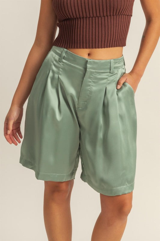 HYFVE High-Waist Pleated Satin Shorts Matcha Green