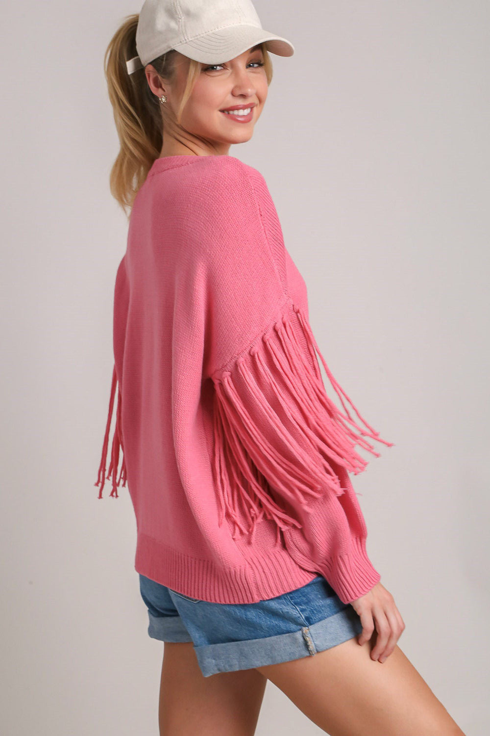 Umgee Full Size Fringe Round Neck Long Sleeve Sweater