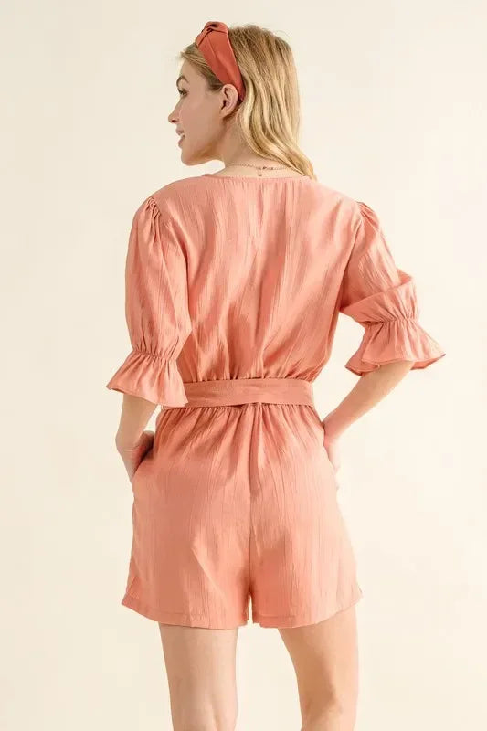 And The Why Flounce Sleeves Romper with Belt - DAVERRI FASHIONS