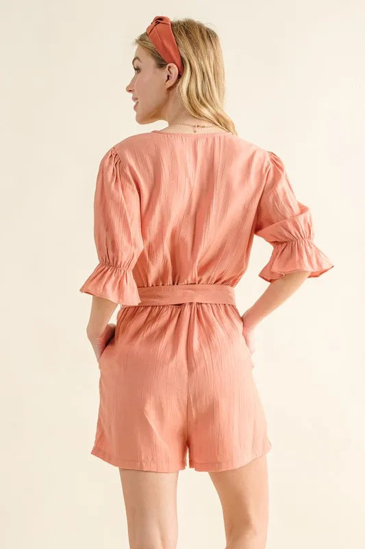 And The Why Flounce Sleeves Romper with Belt Rompers