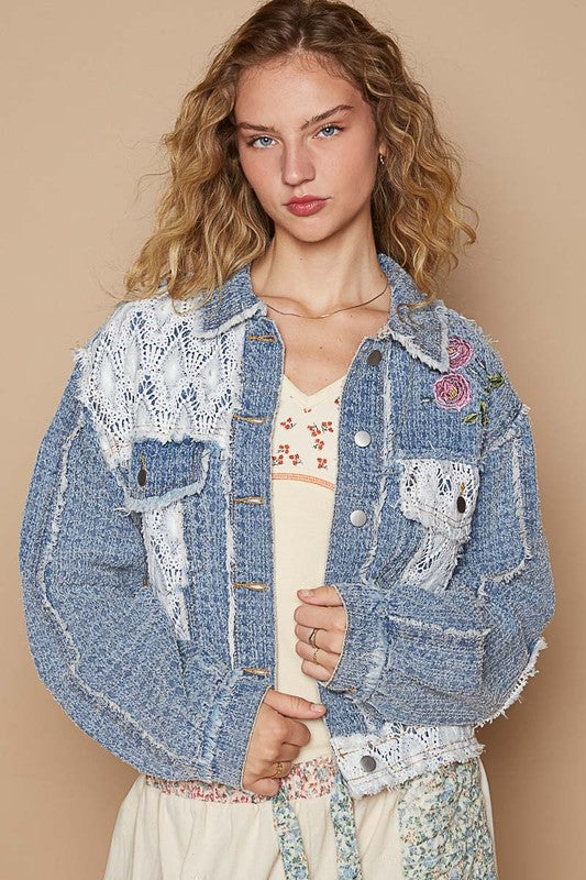 POL Crochet Patch Embroidered Button Up Jacket Dusty Blue