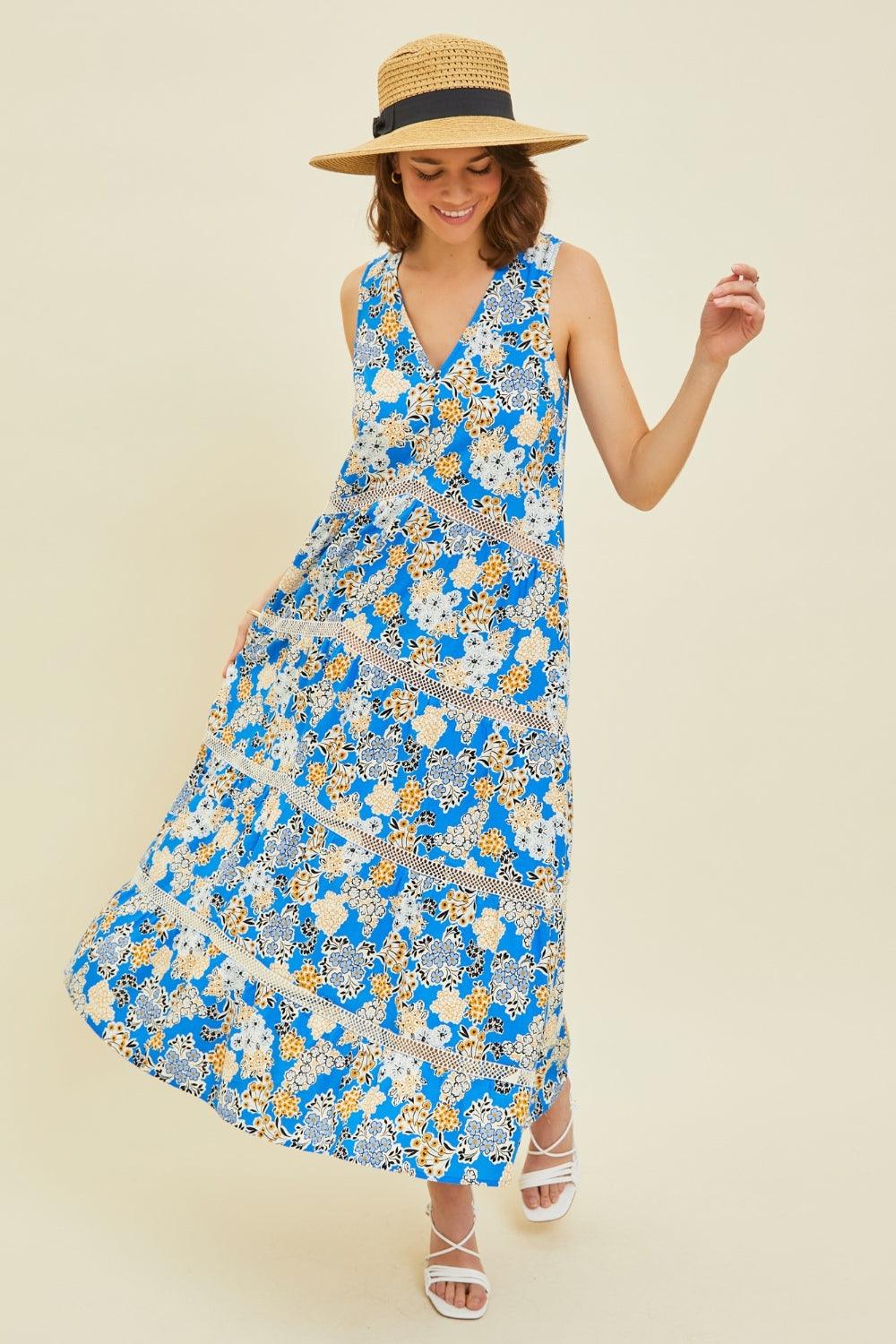 HEYSON Full Size Printed Crochet Trim Maxi Dress Pool Blue Maxi Dresses