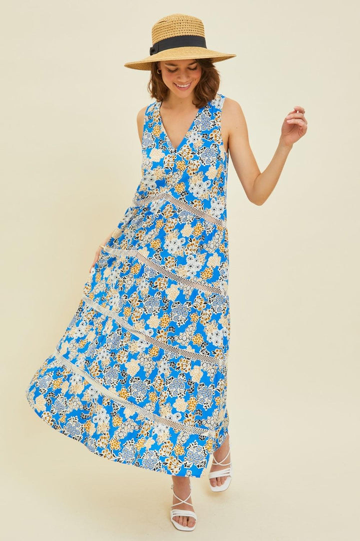 HEYSON Full Size Printed Crochet Trim Maxi Dress Pool Blue Maxi Dresses