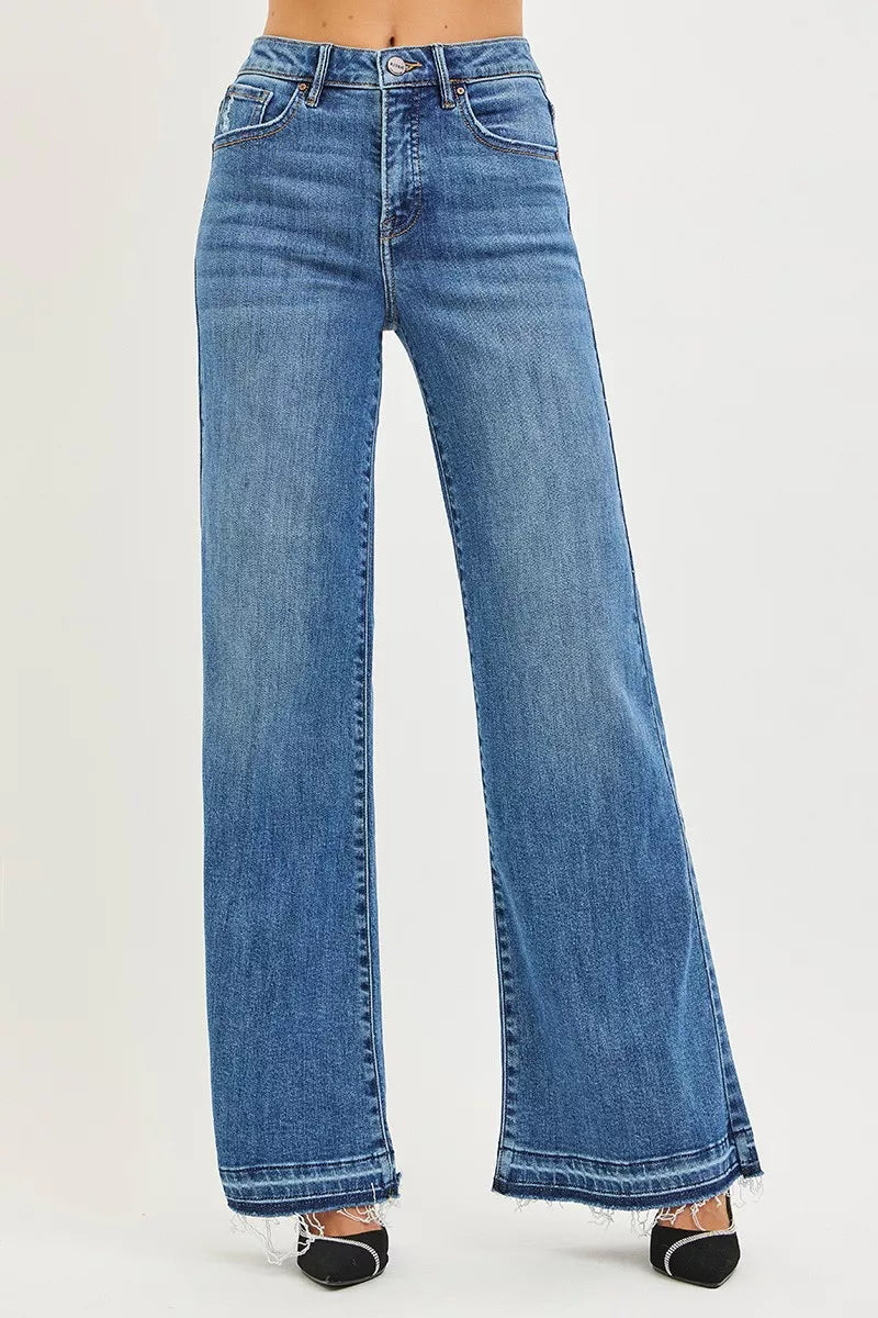 RISEN high-rise wide leg blue denim jeans with frayed hems