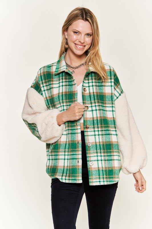 Jade by Jane Plaid Teddy Sleeve Shacket Shackets