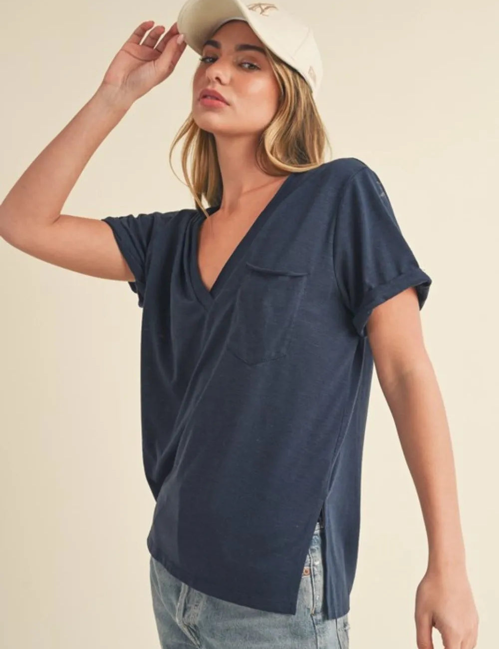 Aemi + Co Side Slit V-Neck Short Rolled Sleeve T-Shirt | Daverri Fashions