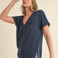 Aemi + Co Side Slit V-Neck Short Rolled Sleeve T-Shirt - DAVERRI FASHIONS