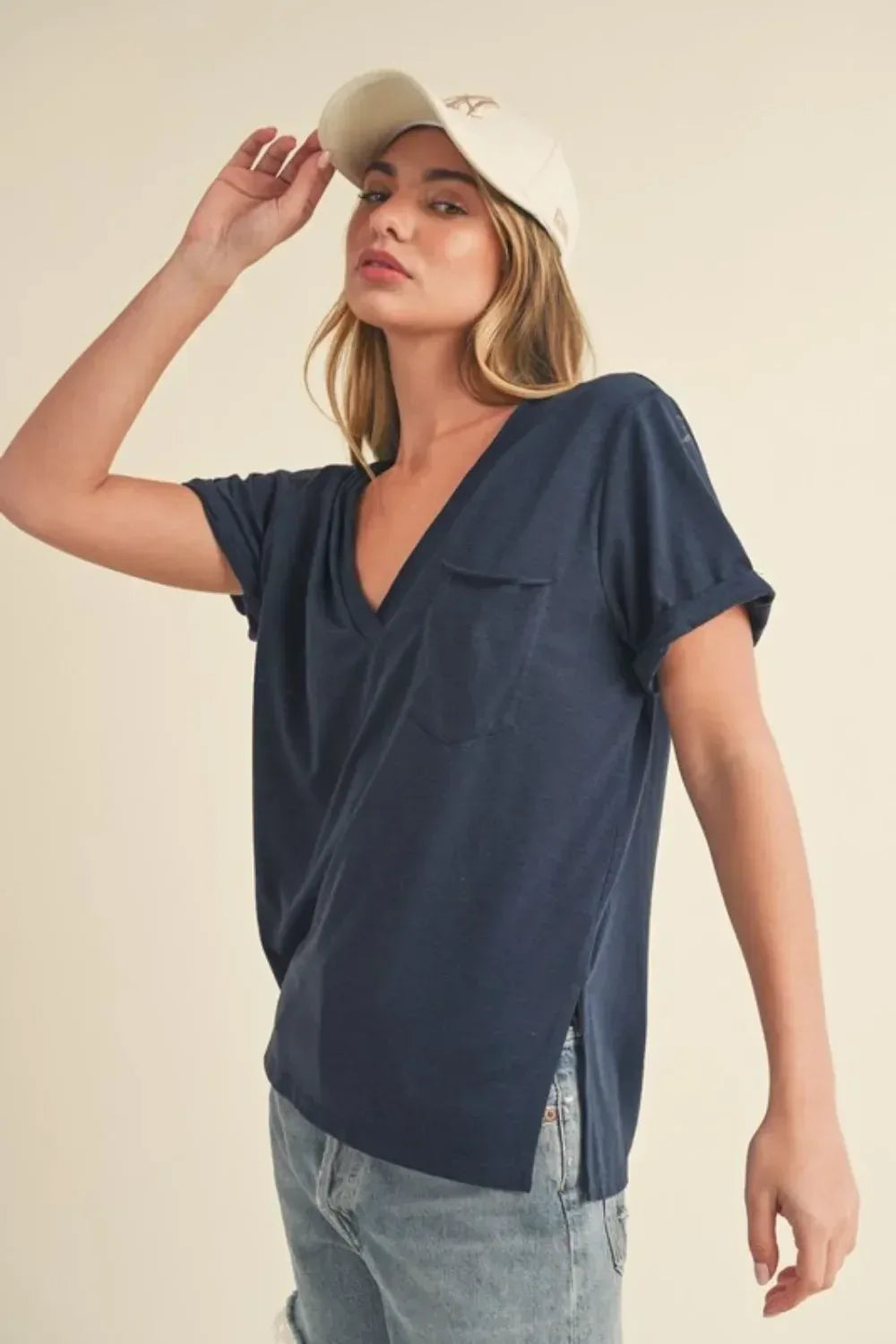 Aemi + Co Side Slit V-Neck Short Rolled Sleeve T-Shirt - DAVERRI FASHIONS