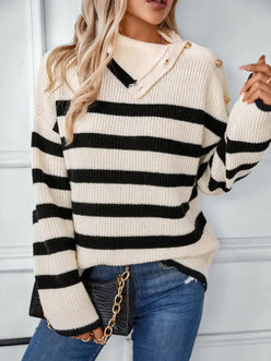Buttoned Striped Long Sleeve Sweater - DAVERRI FASHIONS