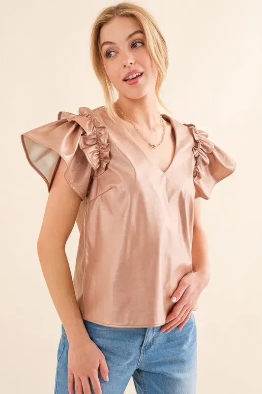 And The Why Faux Leather Ruffle Sleeves V Neck Top - DAVERRI FASHIONS